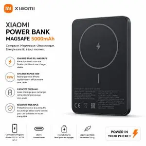 XIAOMI Power Bank Magnétique Super Slim MagSafe 5000mAh 15W Sans Fil USB Type-C – Compatible iPhone 12/13/14/15/16/17