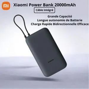 XIAOMI 22.5W Power Bank 20000mAh avec câble USB-C Intégré - Trois Ports - Grande capacité - Cellule de Batterie Lithium-ion - Charge Rapide Bidirectionnelle