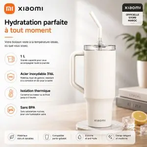 XIAOMI Gourde Isotherme 1L Sans BPA Acier Inoxydable avec Paille Tritan