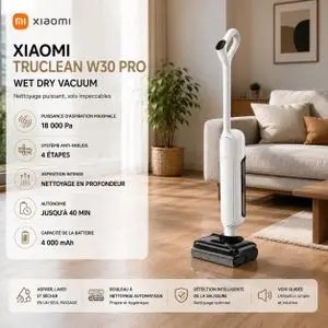 XIAOMI Aspirateur laveur 18000 Pa Jusqu’à 40 min Système anti-nœuds, nettoyage à 180° et auto-nettoyage à chaud, W30 Pro