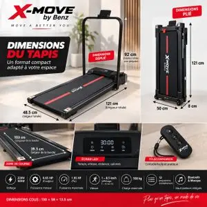 X-MOVE by benz Tapis Roulant Pliable  – Écran LED – 12 Programmes – Bluetooth – Télécommande