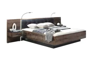 Pack Bellevue : Lit + Deux Tables De Chevets + Eclairage - Chêne / Marron Foncé