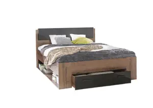 Lit Jawa 160X200Cm Sans Sommier + 1 Tiroir + 2 Niches Chêne / Marron Foncé