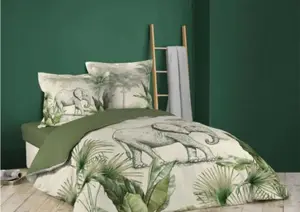 Parure De Couette + 2 Taies D'Oreillers Imprimées Jungle 260X240Cm - Blanc / Vert
