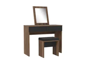 Coiffeuse Bellevue + Miroir + Tabouret - Chêne / Marron / Noir