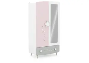 Armoire Stella + 2 Portes + 1 Miroir - Rose / Blanc / Gris