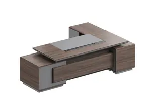 Bureau Presidentiel Leader Gauche Avec Eclairage Led 280Cm - Marron / Gris