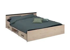 Set Lit Daily 2 Tiroirs Et 1 Niche 140X190Cm Avec Sommier + 2 Chevets - Chêne
