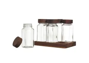 Set De 6 Bocaux À Épices Sur Plateau Acacia - Blanc
