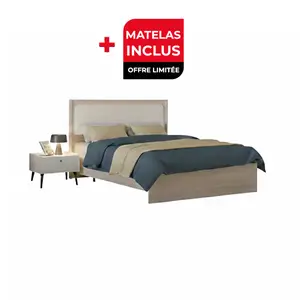 Pack Lit Maya 160X200Cm + 2 Chevets + Sommier + Matelas Offert - Blanc / Chêne