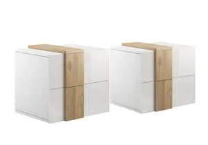 Set Deux Tables De Chevet Venus 2 Tiroirs - Blanc / Chêne