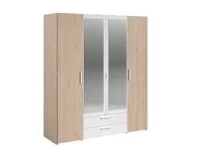 Armoire Hazel 4 Portes + 2Tiroirs + Miroir - Chêne / Blanc