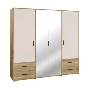 Armoire Mokkaro 4 portes + 4 tiroirs + miroir 205,9 × 200,1 × 52,7 cm - chêne/sable
