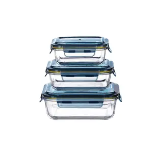 3 boîtes rectangulaires en verre hermétiques avec couvercle - 0,37l et 0,64l et 1l