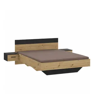 Set Lit Monissa 160x200 cm Avec Sommier + 2 Chevets - Chêne Artisan / Noir