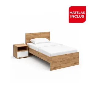 Pack Lit ZELE 90×200 cm avec Sommier, Matelas et Table de Chevet – Blanc/Chêne