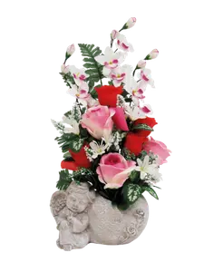 COMPOSITION POT ANGE MINI ROSE LYS FEUILLAGES ARTIFICIELS - LIGNE DÉCO