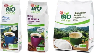SUR LES PRODUITS PRÉSENTS EN MAGASIN DES GAMMES CAFÉS EN GRAINS, MOULUS ET EN DOSETTES "BIO VILLAGE"