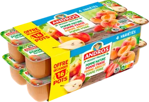 Compotes Pomme nature, pomme fraise, pomme abricot, pomme poire Offre découverte - ANDROS