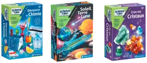 1. LOT DE 3 MINI COFFRETS - CHIMIE - SYSTÈME SOLAIRE - CRISTAUX 2. LOT DE 3 MINI COFFRETS - CRISTAUX - SAVONS - VERNIS À ONGLES - CLEMENTONI