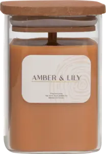 BOUGIE CRÉPITANTE PARFUMÉE "AMBER ET LILY" AVEC COUVERCLE