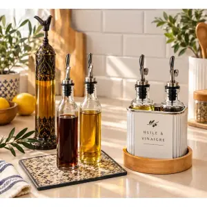 Set de 2 huiliers en verre avec support en bambou 280 ml