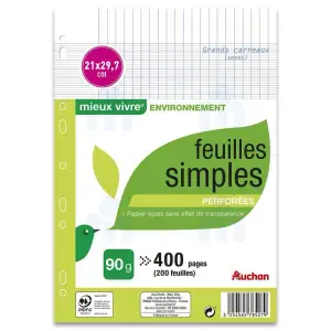 Feuilles simples perforées A4 grands carreaux séyès 400 p blanche 90g -AUCHAN