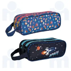 Trousse 2 zips Espace 9x7x23cm bleue