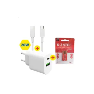 Chargeur 2portsTYPE-C+câbleCtoC M-C20 ZATEC+PILES ALCALINES AAA*2 ZATEC OFFERTES