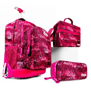 Set 3 en 1 sac à dos trolley 45cm + Sac à goûter + trousse fille