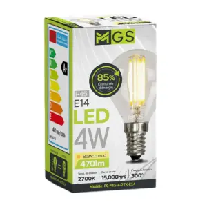 Ampoule LED P45 FILAMENT 4W E14 blanc chaud - MGS