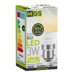 Ampoule LED G45 3W B22 lumière jaune - MGS