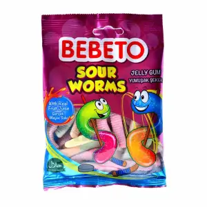 Gommes asticots acidués Sour Worms 80g - BEBETO