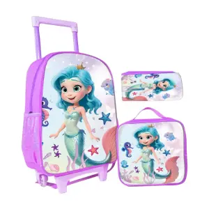 Set sac à dos trolley fille sirène 40cm + sac de goûter + trousse