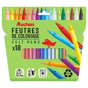 18 feutres fins corps en plastique recyclé - AUCHAN