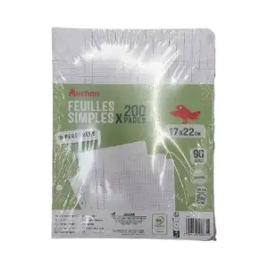 Feuilles simples blanches perforées 170x220 mm 200 pages Seyes 90g PEFC AUCHAN