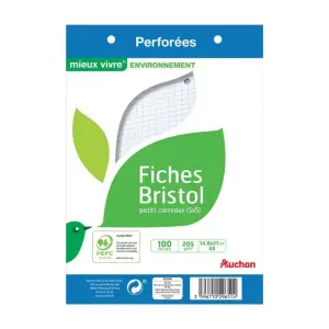 100 fiches Bristol blanches perforées 148x210 mm 5x5 PEFC AUCHAN