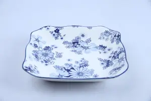 Assiette Plate Carrée 25,4 cm – Fleurs Indigo Design Moderne