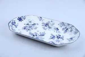 Assiette Plate Rectangulaire 37,5 cm – Fleurs Indigo pour Service Élégant