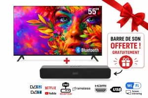 Smart TV ZATEC 55" - Ultra HD 4K - Android - Metal Frameless - Récepteur Satellite & TNT Intégrés + BARRE DE SON OFFERTE