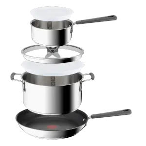 Batterie de cuisine Tefal Opti'Space Inox 6 pièces – Casserole 16 cm, Faitout 24 cm, Poêle 28 cm + 2 couvercles G7376S04