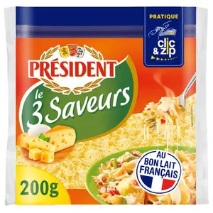 Président Le 3 Saveurs Râpé : Tomme, Emmental & Mozzarella 200g