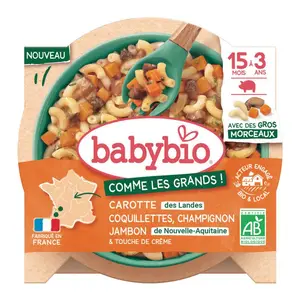 Babybio Carotte des Landes Coquillettes Champignon Jambon de Nouvelle-Aqui Bio 200g