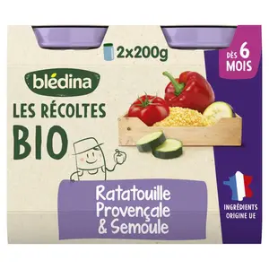 Blédina Les Récoltes Pot Ratatouille Semoule dès 6 mois Bio, 2x200g