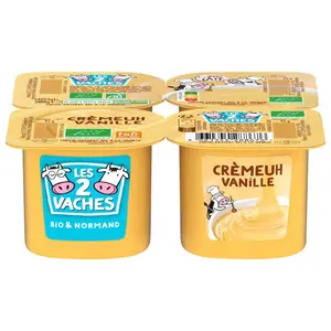Les 2 Vaches Crème dessert vanille Bio 4x95g