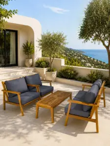 Salon de jardin 4 places coussin gris avec table rectangulaire Acacia