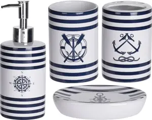 Ensemble Pour Salle De Bain Maritime 4 Pieces Blanc Bleu