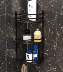 Étagère de coin salle de bain à 3 niveaux noir mat 5mm 28x20x50 cm