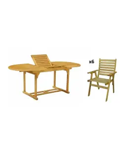 Set De Table Extensible Ovale Avec 6 Chaises À Accoudoirs En Bois D'Acacia Huilé (150+50)X100X75Cm