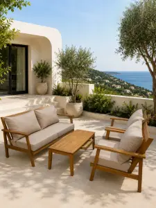 Salon de jardin 4 places coussin taupe avec table rectangulaire Acacia